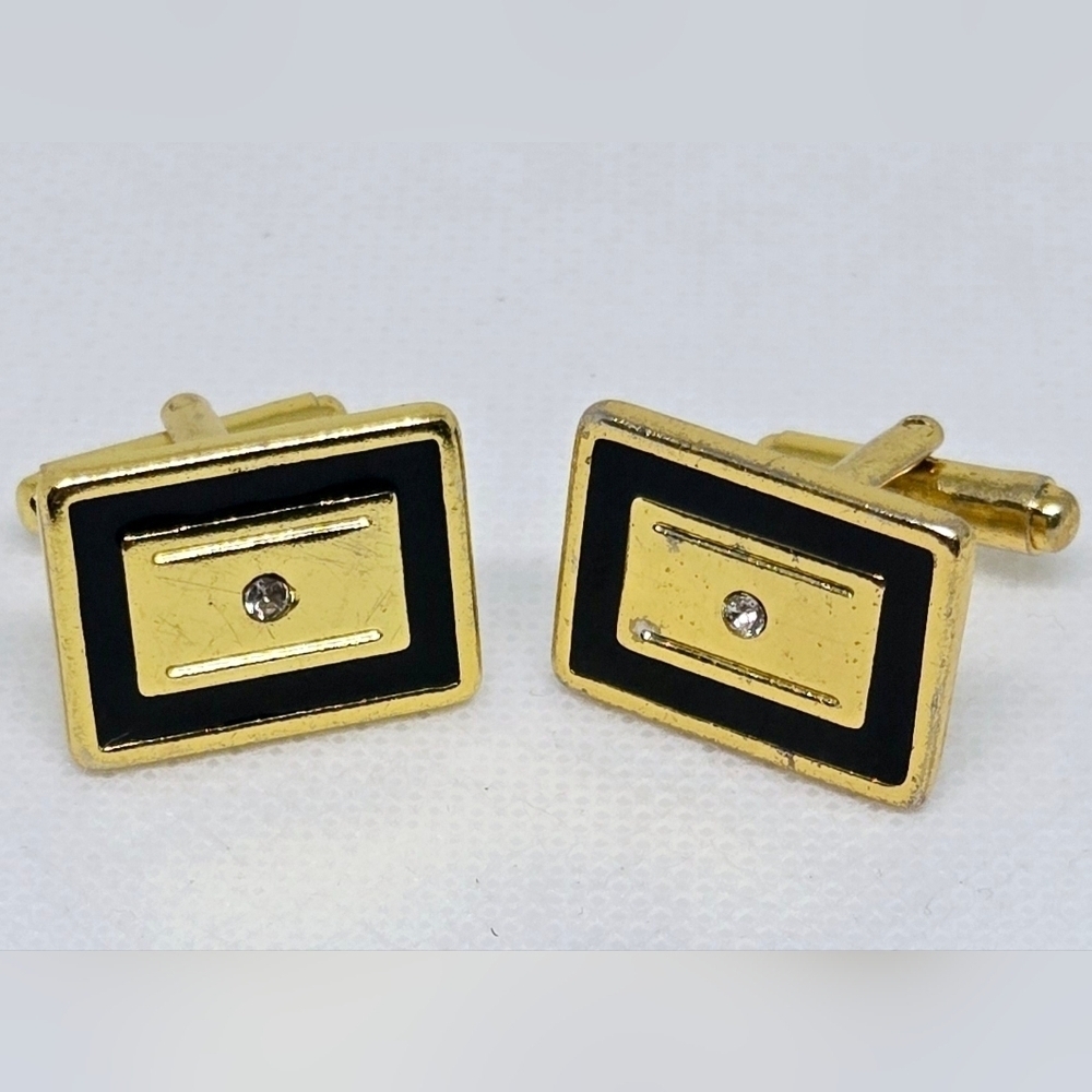 Gold Tone Black Cuff Links Rectangle Rhinestone Accent Men’s Jewelry